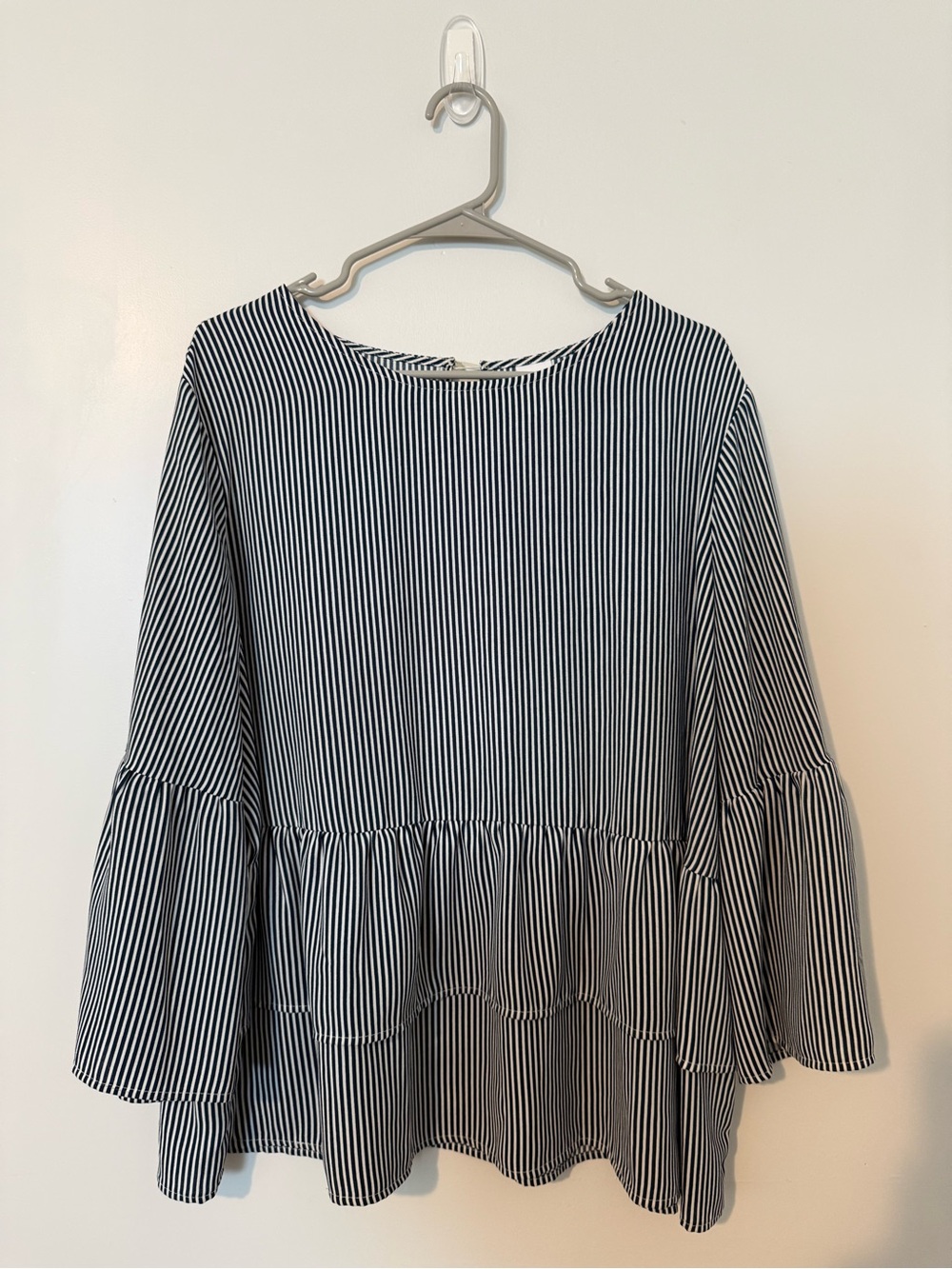Time and Tru Navy and White Striped Ruffle-Hem Blouse